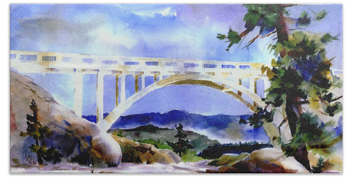 Rainbow Bridge Hand Towel featuring the painting Rainbow Bridge Above DonnerLk#2 by Joan Chlarson