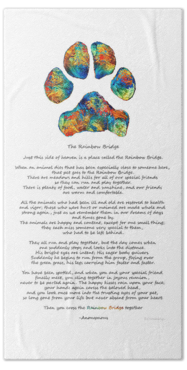 Rainbow Bridge Bath Sheet featuring the painting Rainbow Bridge Poem With Colorful Paw Print by Sharon Cummings by Sharon Cummings