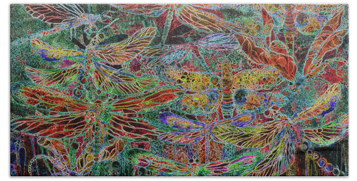 Carol Cavalaris Bath Towel featuring the mixed media Rainbow Dragonflies by Carol Cavalaris