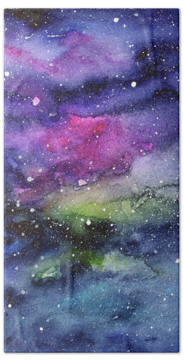 Nebula Hand Towel featuring the painting Rainbow Galaxy Watercolor by Olga Shvartsur