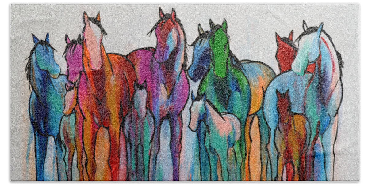 Horse Bath Towel featuring the painting Rainbow Horses by Cher Devereaux