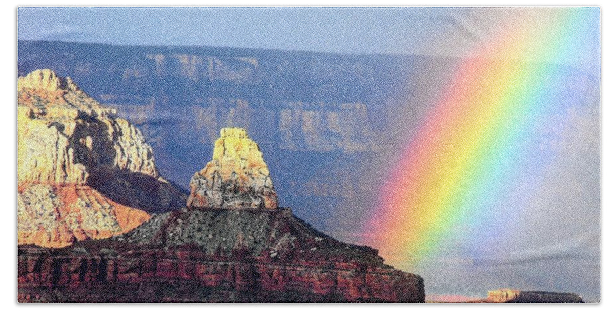Grand Canyon Hand Towel featuring the photograph Rainbow Kisses the Grand Canyon by Michael Oceanofwisdom Bidwell