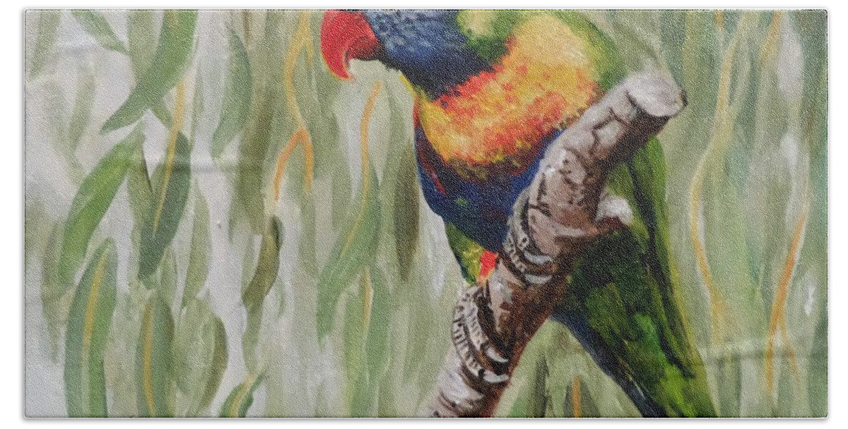 Australia Bath Towel featuring the painting Rainbow Lorikeet by Anne Gardner