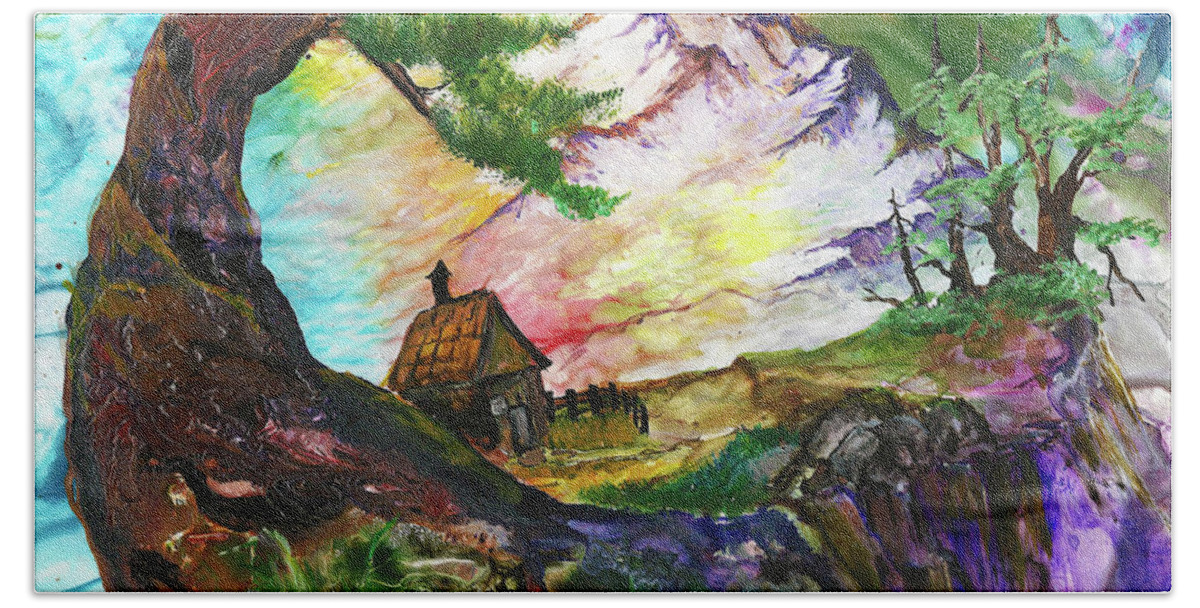 Fantasy Bath Towel featuring the painting Rainbow Mountain by Sherry Shipley