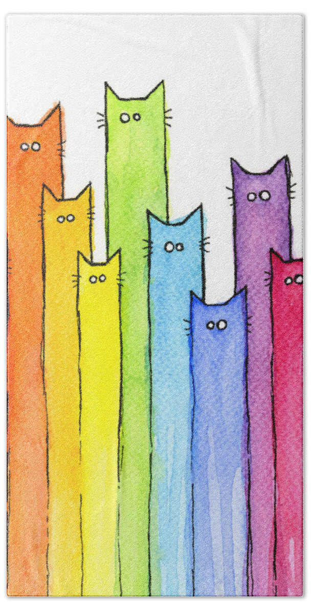 Watercolor Hand Towel featuring the painting Rainbow of Cats by Olga Shvartsur