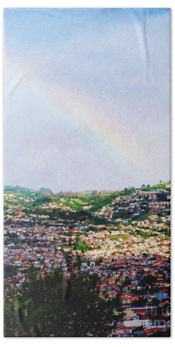 Rainbow Bath Towel featuring the photograph Rainbow over Funchal by Brenda Kean