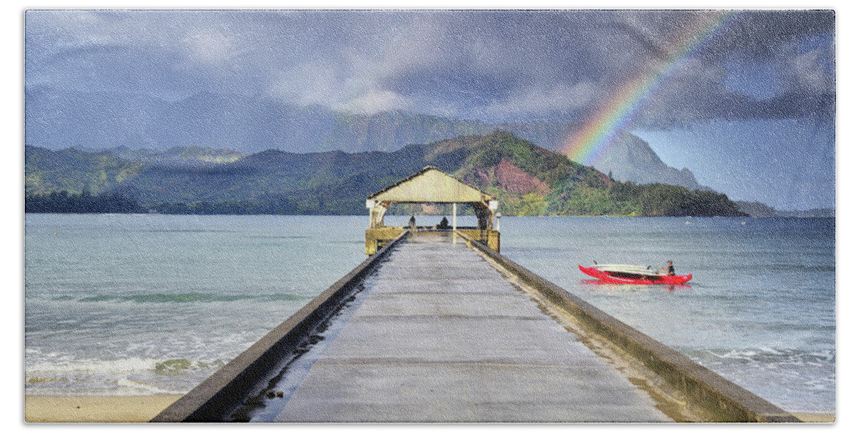 Hanalei Bay Hand Towel featuring the photograph Rainbow Over Hanalei Pier by Alan Hart