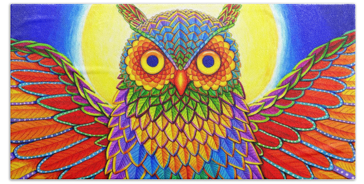 Owl Hand Towel featuring the drawing Rainbow Owl by Rebecca Wang