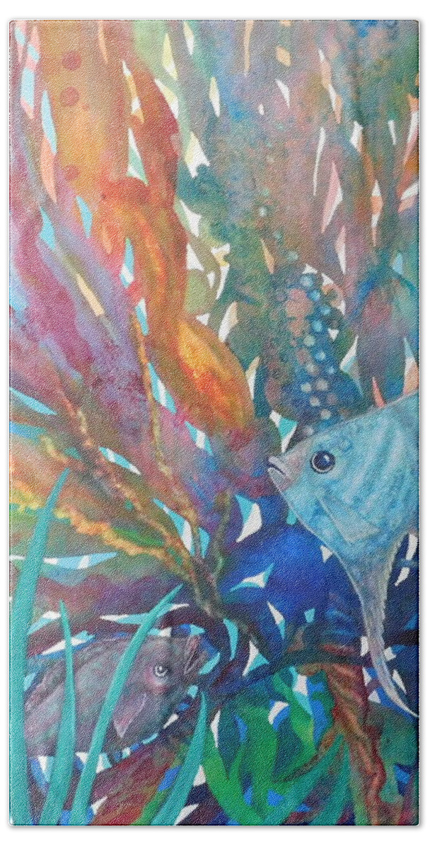 Ribbon Winner - Vibrant Rainbow Colors Bath Towel featuring the painting Rainbow Reef by Joan Clear
