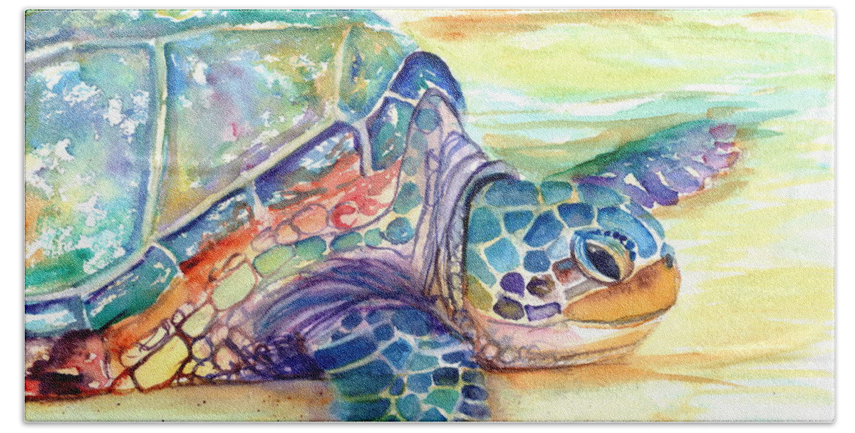 Kauai Art Print Hand Towel featuring the painting Rainbow Sea Turtle 2 by Marionette Taboniar
