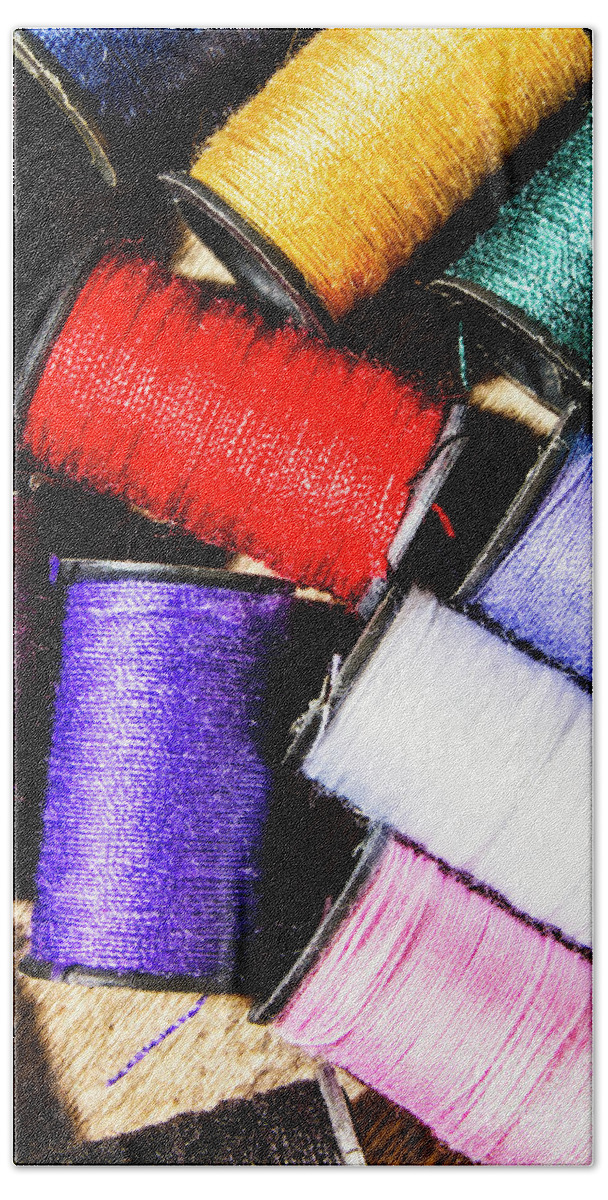 Textile Bath Towel featuring the photograph Rainbow threads sewing equipment by Jorgo Photography