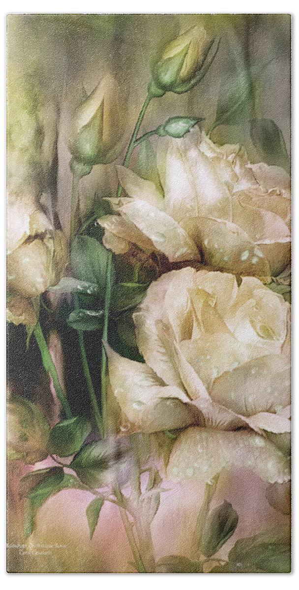 Rose Bath Towel featuring the mixed media Raindrops On Antique White Roses by Carol Cavalaris