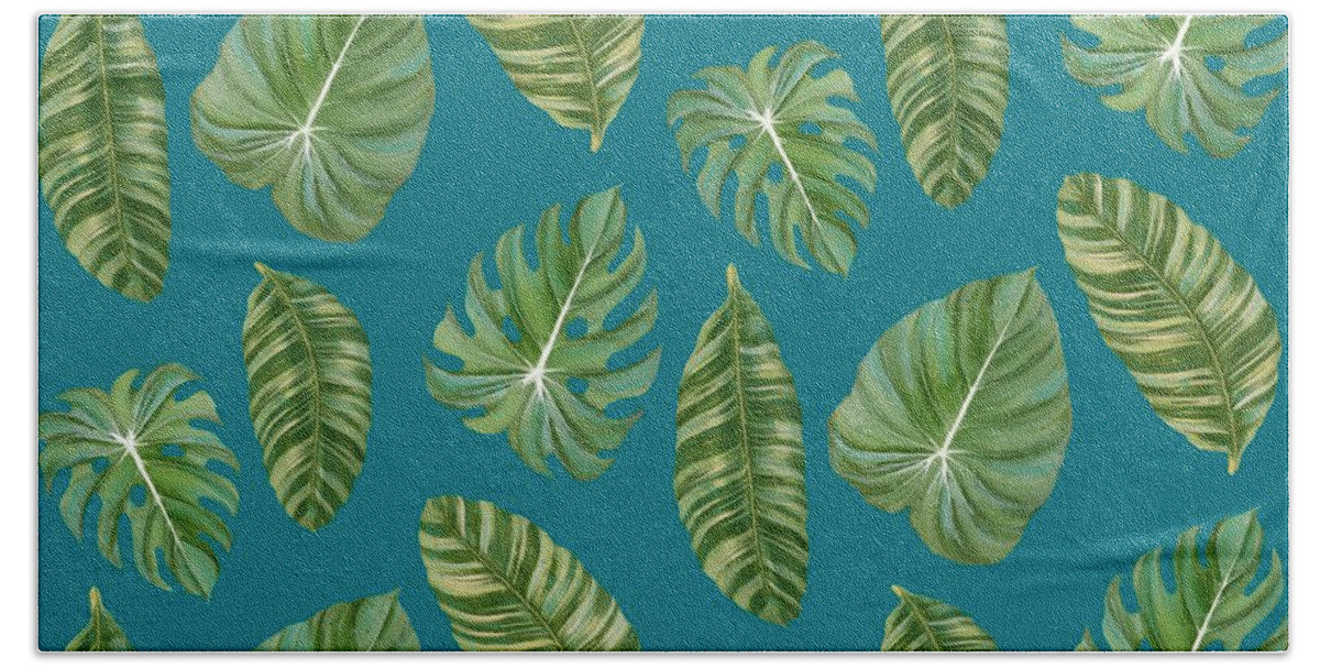 Tropical Hand Towel featuring the painting Rainforest Resort - Tropical Leaves Elephant's Ear Philodendron Banana Leaf by Audrey Jeanne Roberts