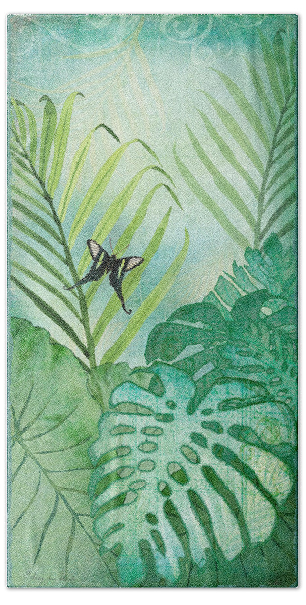 Jungle Bath Towel featuring the painting Rainforest Tropical - Philodendron Elephant Ear and Palm Leaves w Botanical Butterfly by Audrey Jeanne Roberts