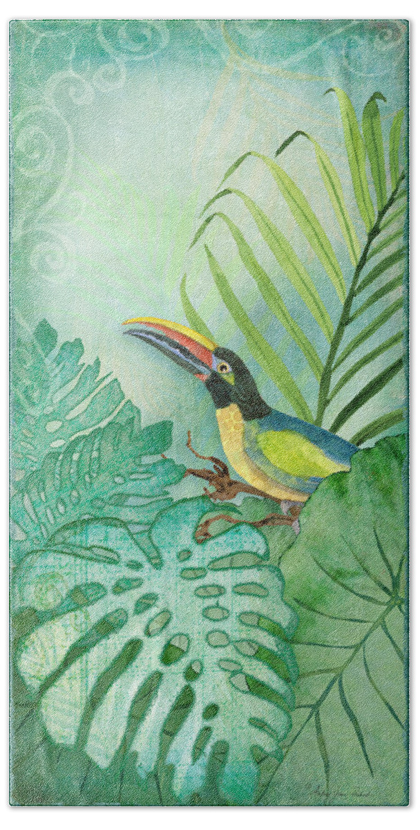 Toucan Hand Towel featuring the painting Rainforest Tropical - Tropical Toucan w Philodendron Elephant Ear and Palm Leaves by Audrey Jeanne Roberts