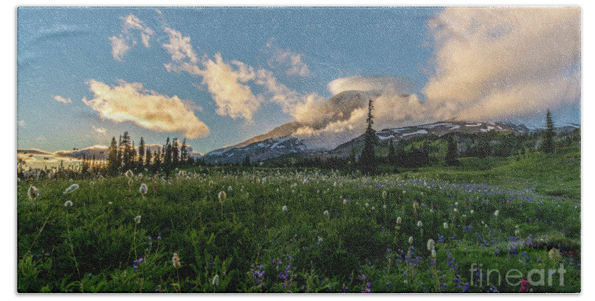 Mount Rainier Hand Towel featuring the photograph Rainier Wildflowers Golden Lenticular Sunset by Mike Reid