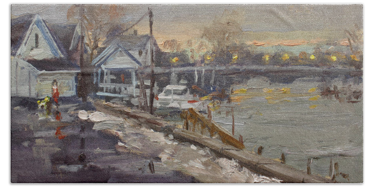 Rainy Hand Towel featuring the painting Rainy and Snowy Evening by Niagara River by Ylli Haruni