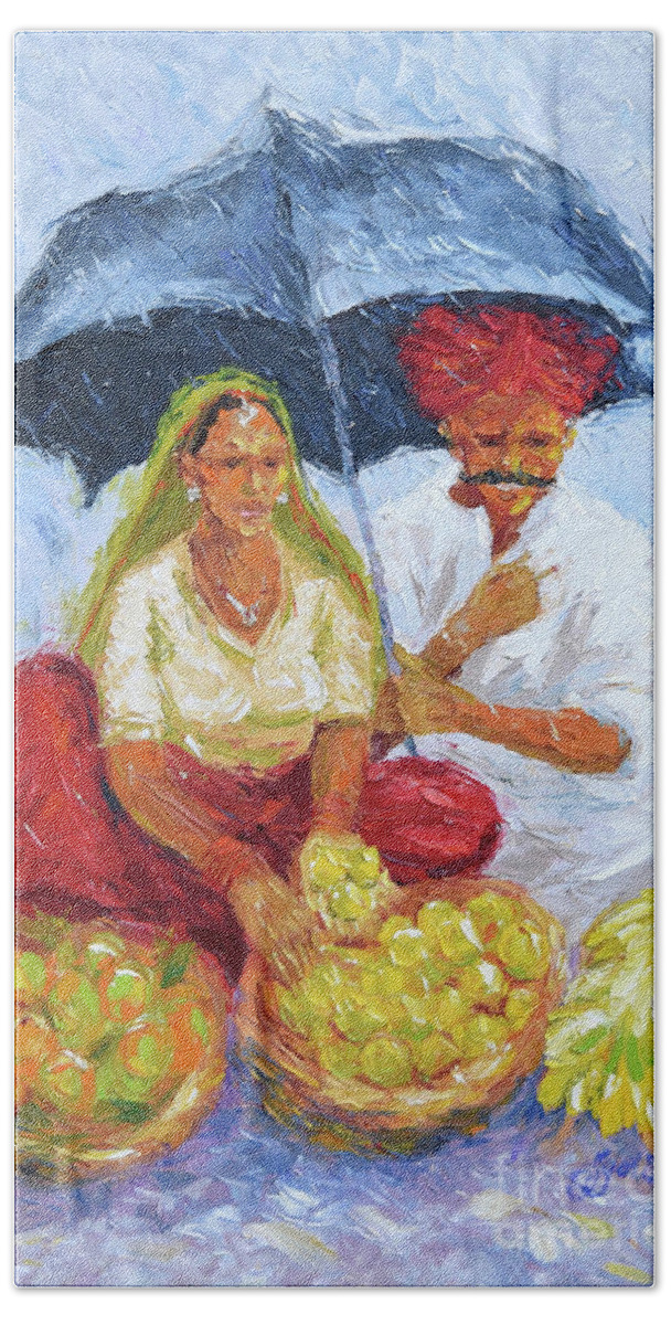  Bath Towel featuring the painting Rainy Day at the Market by Jyotika Shroff