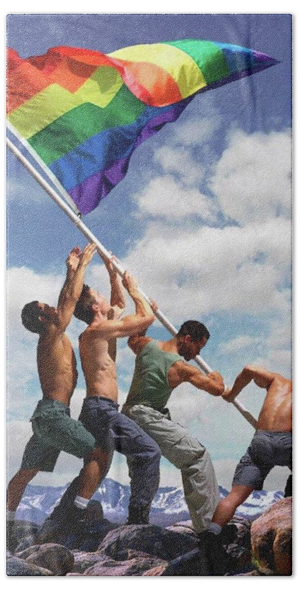 Troy Caperton Bath Towel featuring the painting Raising the Rainbow Flag by Troy Caperton
