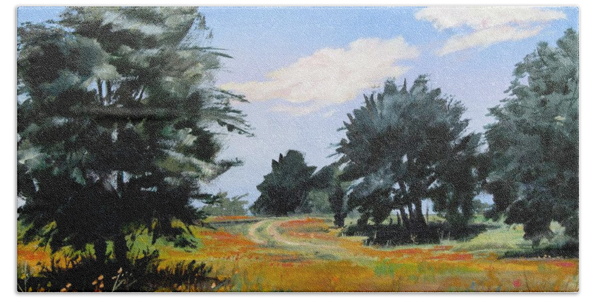 Texas Landscape Bath Towel featuring the painting Ranch Road Near Bandera Texas by Adele Bower