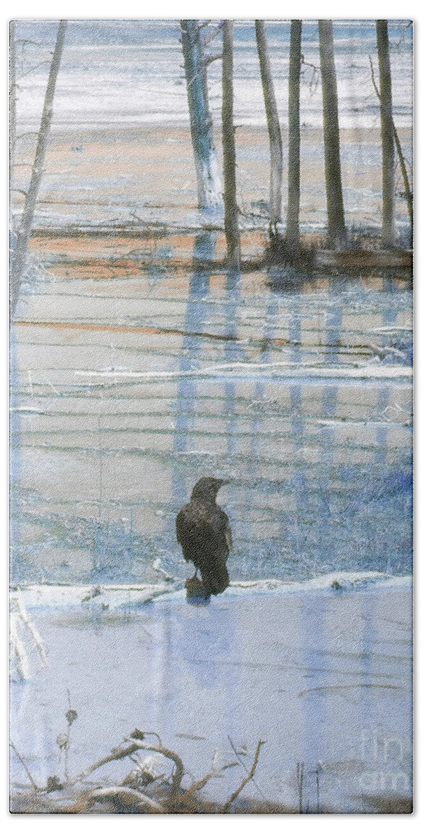 Raven Bath Towel featuring the digital art Raven About The Yellowstone by Ann Johndro-Collins
