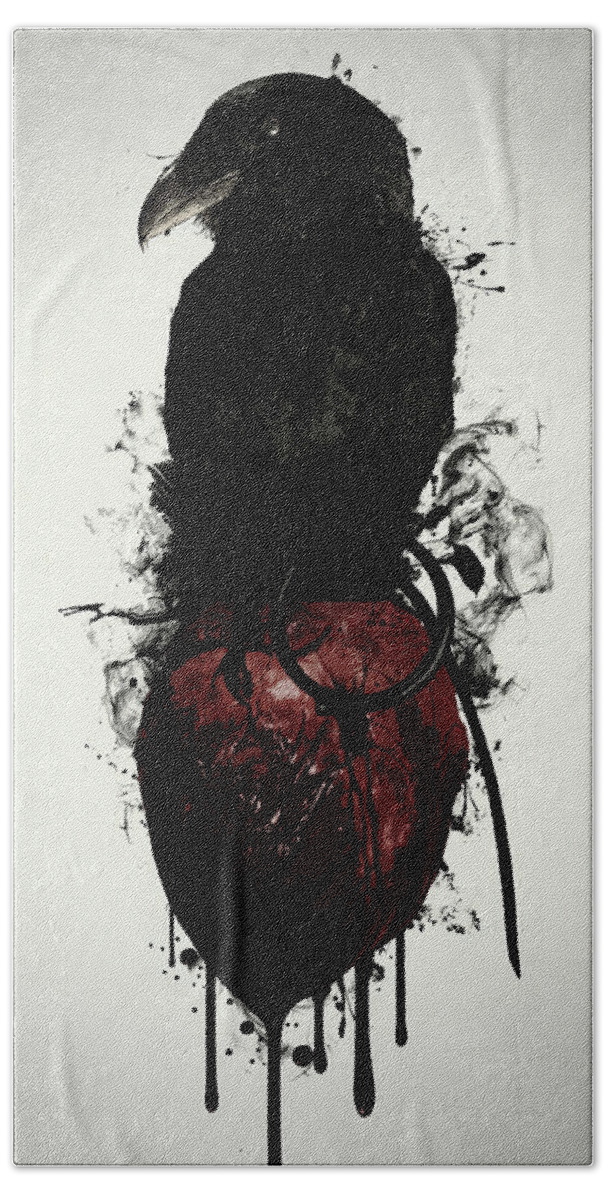 Raven Hand Towel featuring the digital art Raven and Heart Grenade by Nicklas Gustafsson