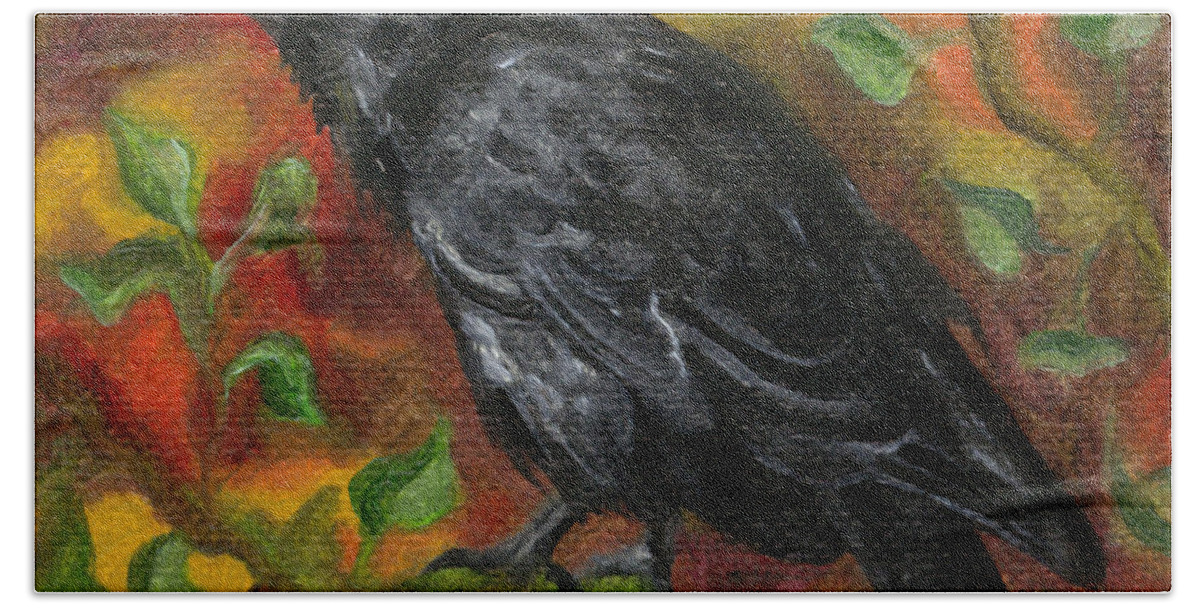 Autumn Bath Towel featuring the painting Raven in Autumn by FT McKinstry