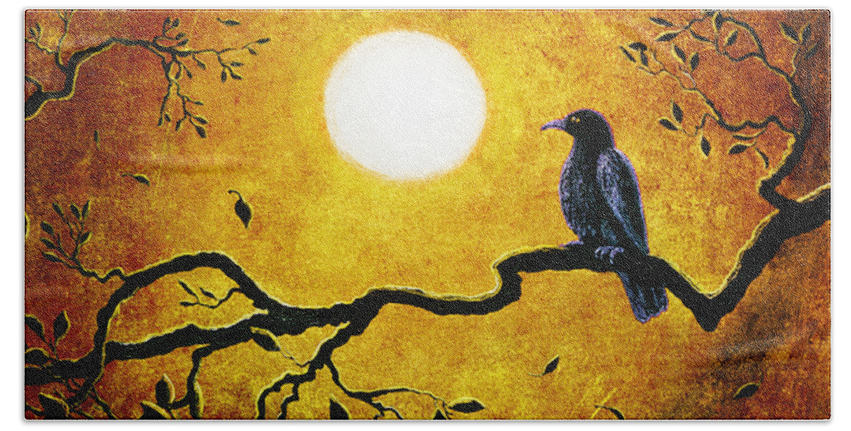 Crow Bath Towel featuring the digital art Raven in Golden Splendor by Laura Iverson