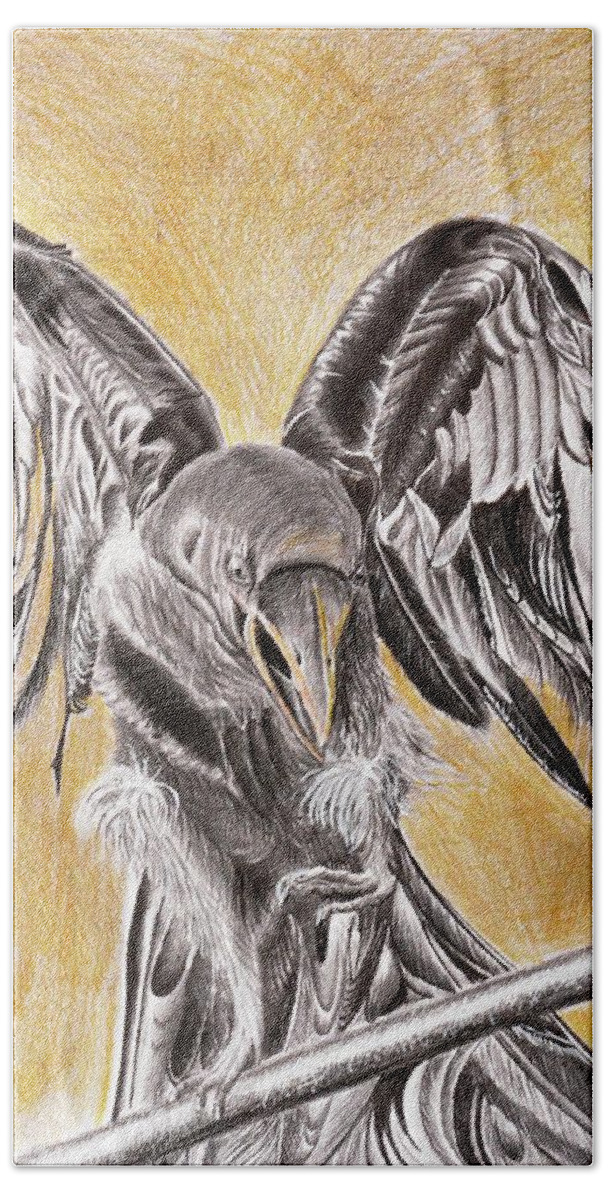 Raven Bath Towel featuring the drawing Raven by Medea Ioseliani