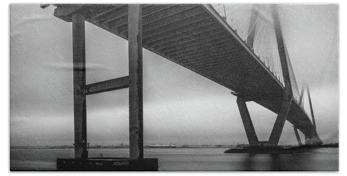 Arthur Ravenel Jr Bridge Bath Towel featuring the photograph Ravenel Bridge November Fog by Donnie Whitaker