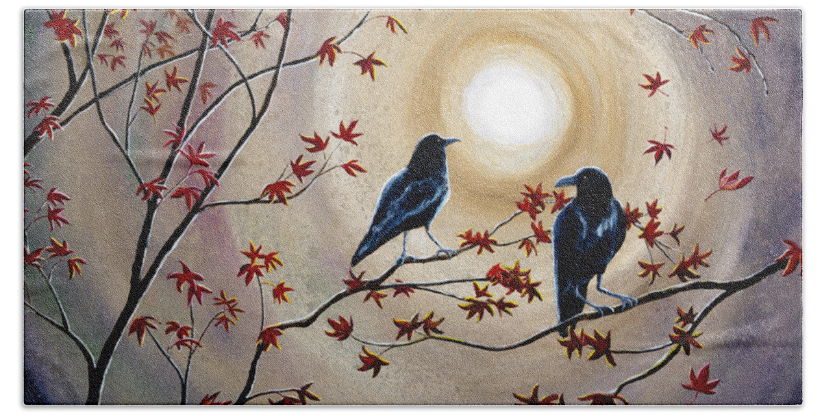 Raven Bath Towel featuring the painting Ravens in Autumn by Laura Iverson