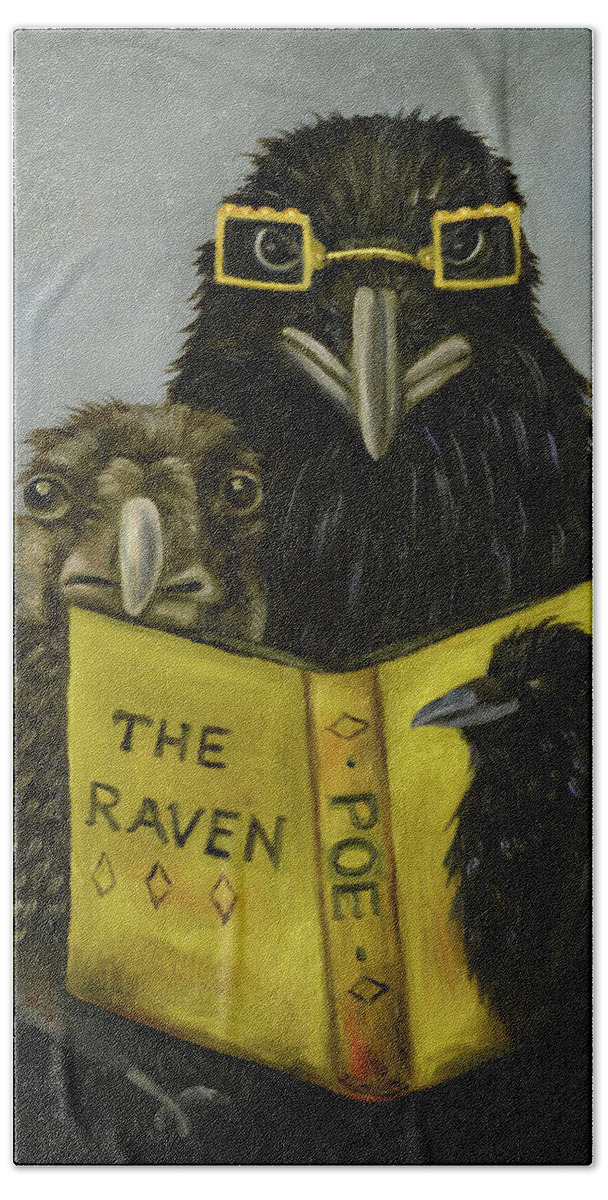 Raven Bath Towel featuring the painting Ravens Read by Leah Saulnier The Painting Maniac