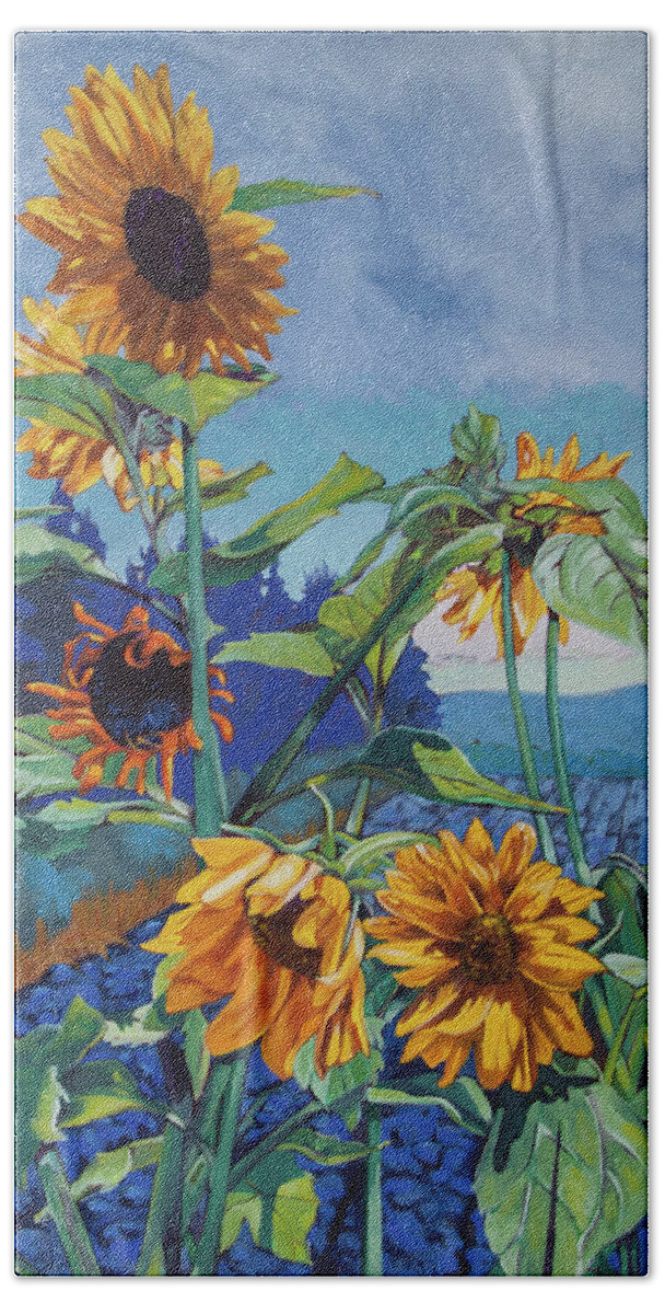 Painted Sunflowers 24x30 Oil On Canvas Hand Towel featuring the painting Ray's Sunflowers by Rob Owen