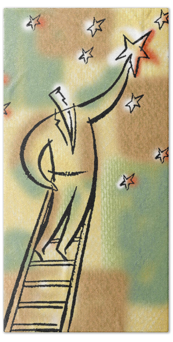  Accomplishment Achievement Amazement Ambition Answer Anticipation Aspiration Aspire Bravery Business Business People Businessman Corporate Ladder Courage Determination Development Drawing Dream Dreamer Dreaming Effort Growth Holding Hope Idealism Illustration Illustration And Painting Independence Inner Strength Insight Inspiration Reaching Resolution Reward Scaling Selecting Self-employed Sky Solution Standing Star Stargaze Stargazing Success Vertical Victory Vision Vocation Winning Wonder Hand Towel featuring the painting Reaching For The Star by Leon Zernitsky