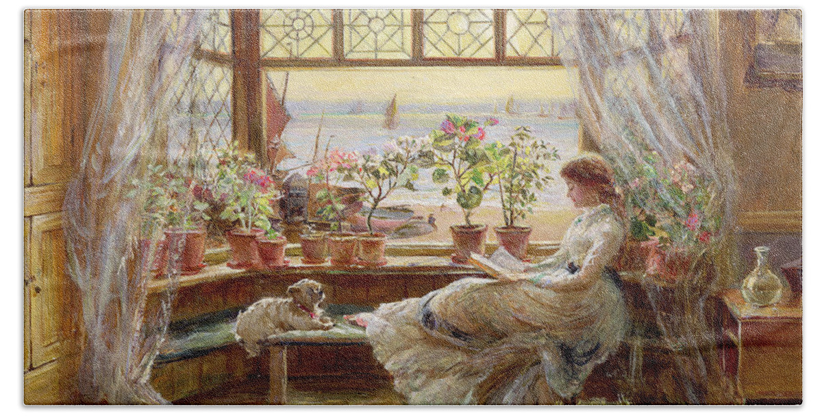 Dog Bath Towel featuring the painting Reading by the Window by Charles James Lewis