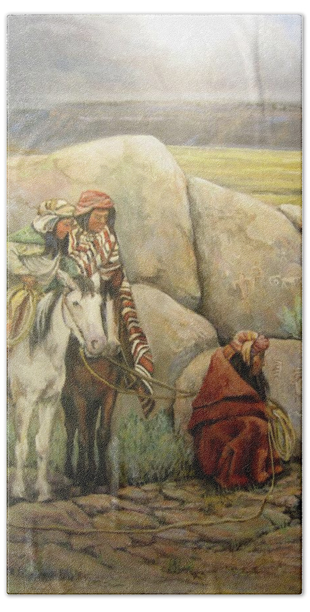 Paiute Indians Hand Towel featuring the painting Reading Sign by Donna Tucker