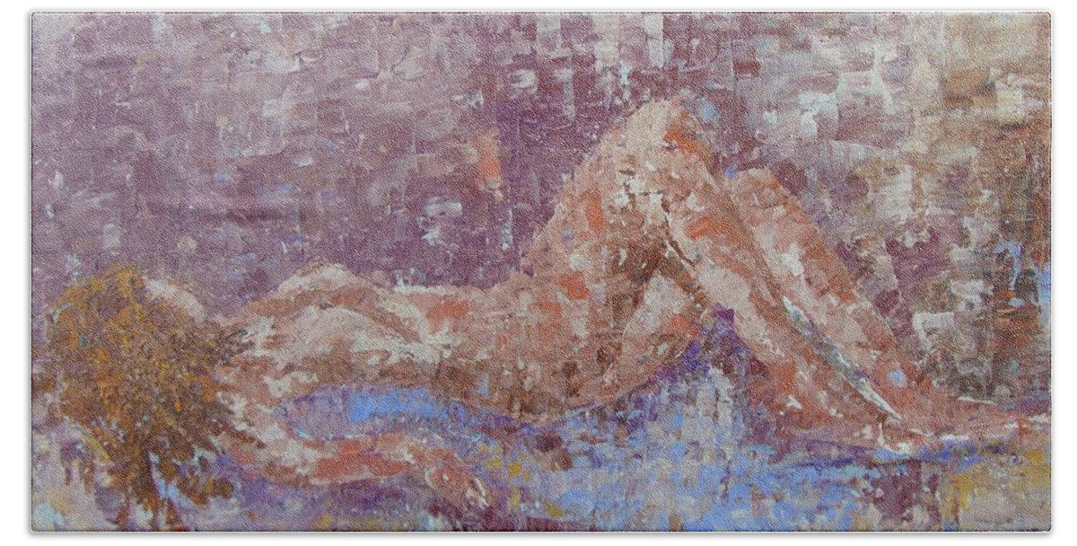 Lavender Field Hand Towel featuring the painting Recline nude by Frederic Payet