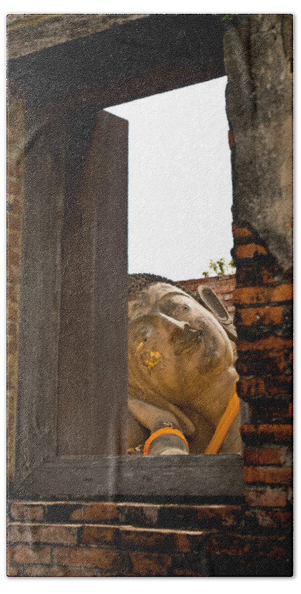 Ancient Bath Sheet featuring the photograph Reclining Buddha view through a window by U Schade