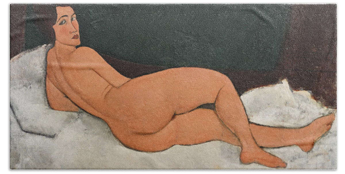 Amedeo Modigliani Bath Towel featuring the painting Reclining Nude on the left side by Amedeo Modigliani