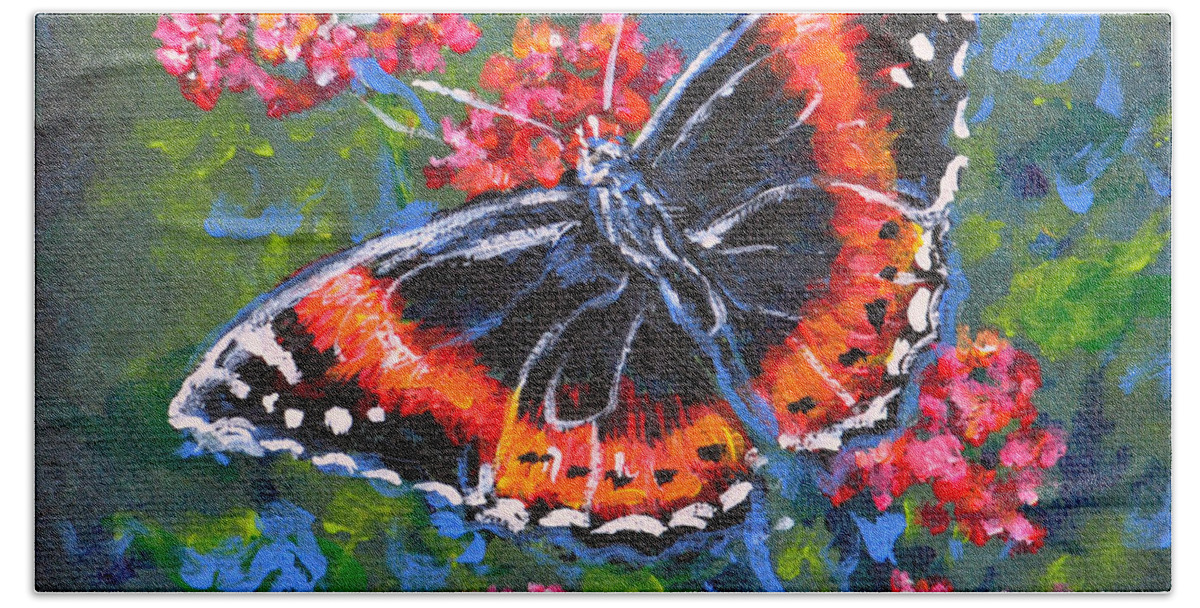 Nature Butterfly Insect Red Green Bath Towel featuring the painting Red Admiral by Gail Butler