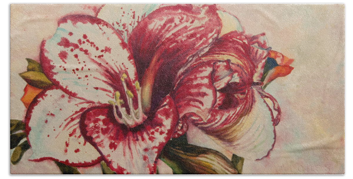 Floral Hand Towel featuring the painting Red Amaryllis II by Heidi E Nelson
