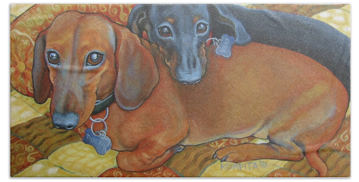 Red And Black Dachshunds Hand Towel featuring the painting Red and Black Dachshunds - Best Buds by Rebecca Korpita