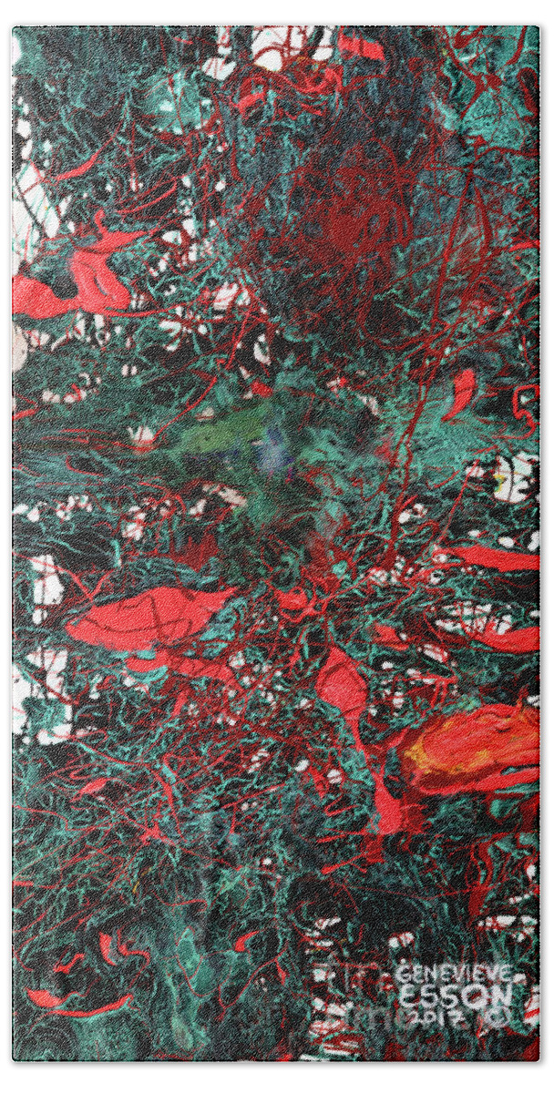 Jacksonpollock Bath Towel featuring the painting Red And Black Turquoise Drip Abstract by Genevieve Esson