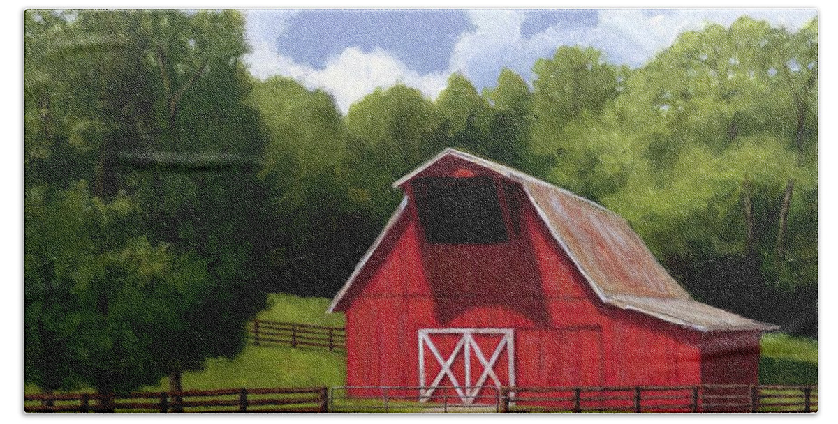 Red Barn Bath Towel featuring the painting Red Barn in Franklin TN by Janet King