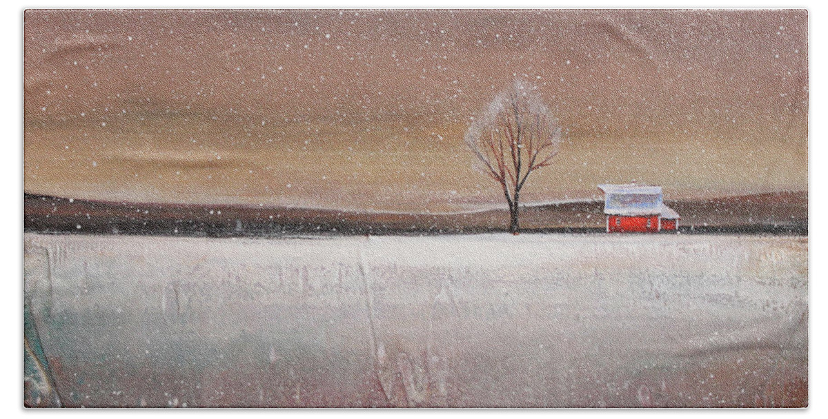 Farm Hand Towel featuring the painting Red Barn in Snow by Toni Grote