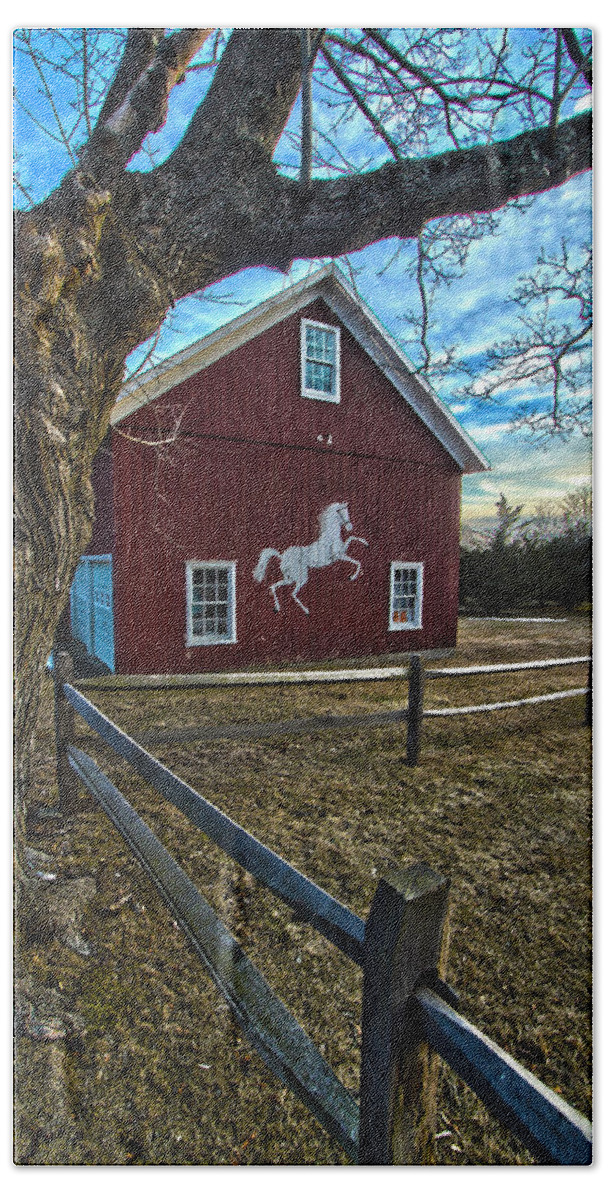 Red Barn Hand Towel featuring the photograph Red Barn with White Horse by Robert Seifert