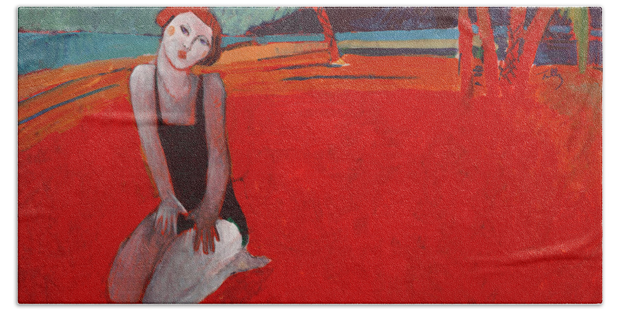 Figure Hand Towel featuring the painting Red Beach Two by Thomas Tribby