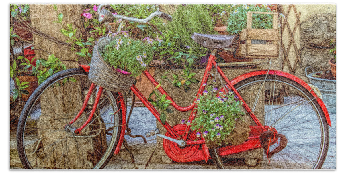 Cortona Hand Towel featuring the photograph Red Bike Planter by Georgette Grossman