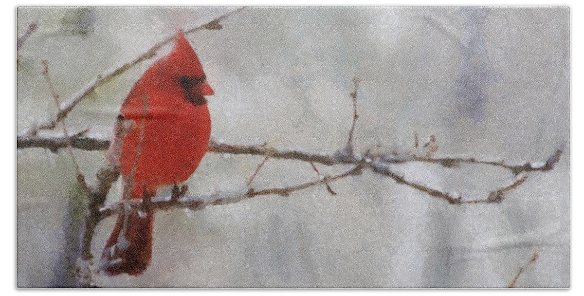 Bird Hand Towel featuring the painting Red Bird of Winter by Jeffrey Kolker