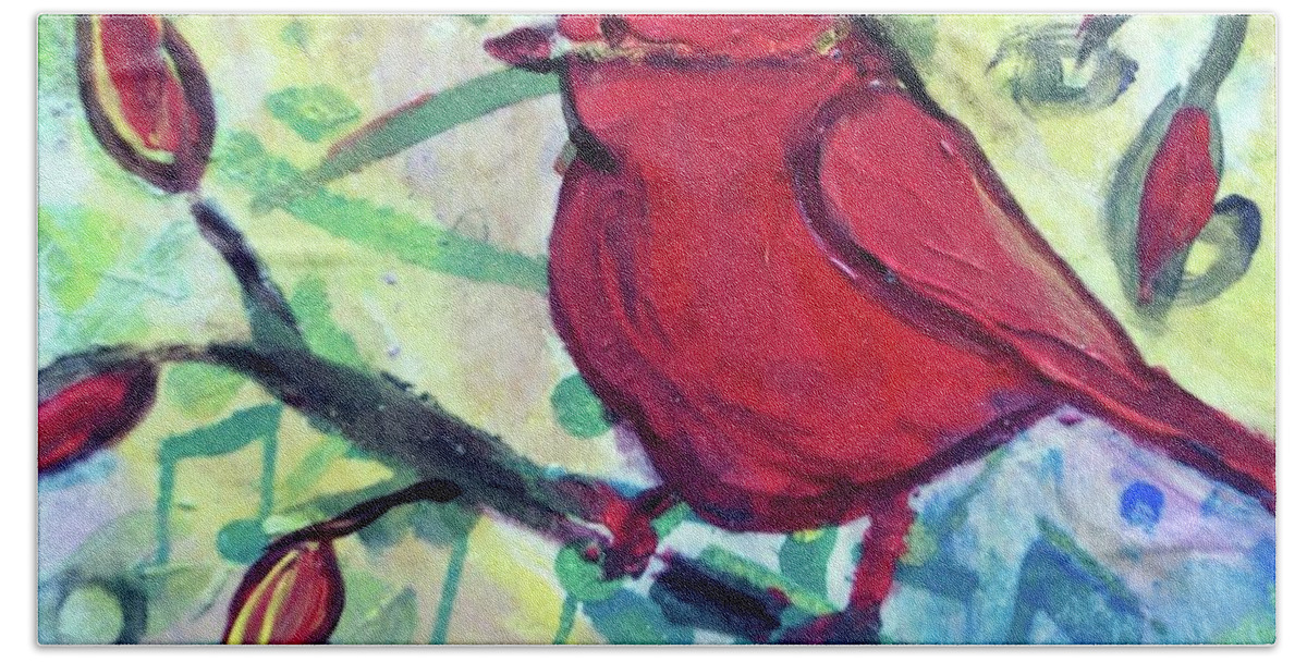 Bird Hand Towel featuring the painting Red Bird Spring Music by Luiza Vizoli